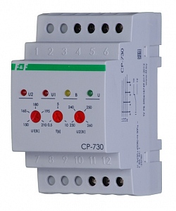 Реле контроля напряжения  CP-730    380/230В, 10А, 3-фазный, контроль верхнего и нижнего значений напряжения, DIN-рейка 35мм